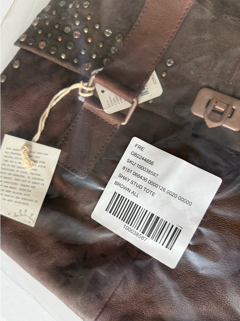 NWT FREE PEOPLE We The Free Shay Stud Tote Handbag Bag Studded Espresso Brown - Picture 9 of 13